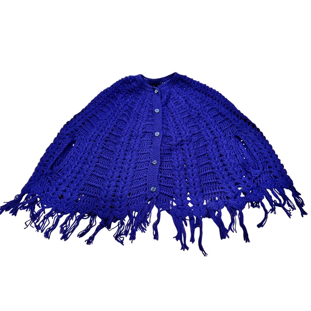 Vintage Handmade Crochet Poncho Button‎ Cape Royal Blue Fringe Warm Knitted Soft